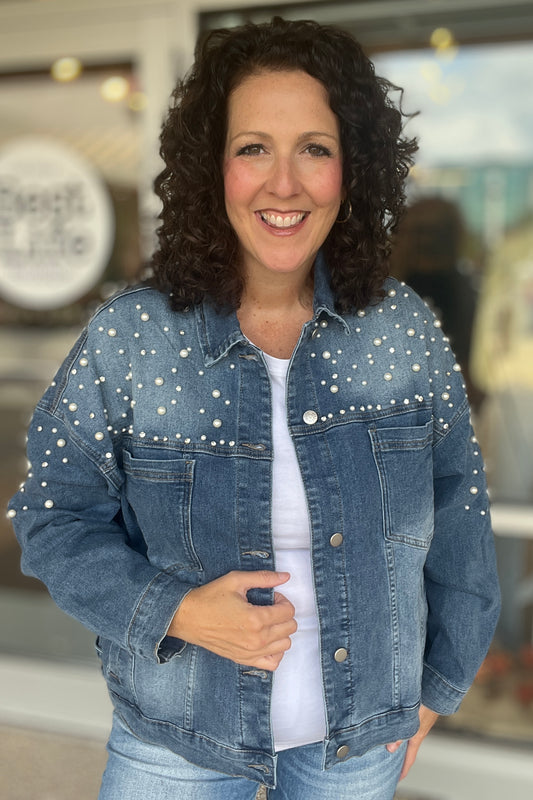 Pearl & Rhinestone Oversized Denim Jacket
