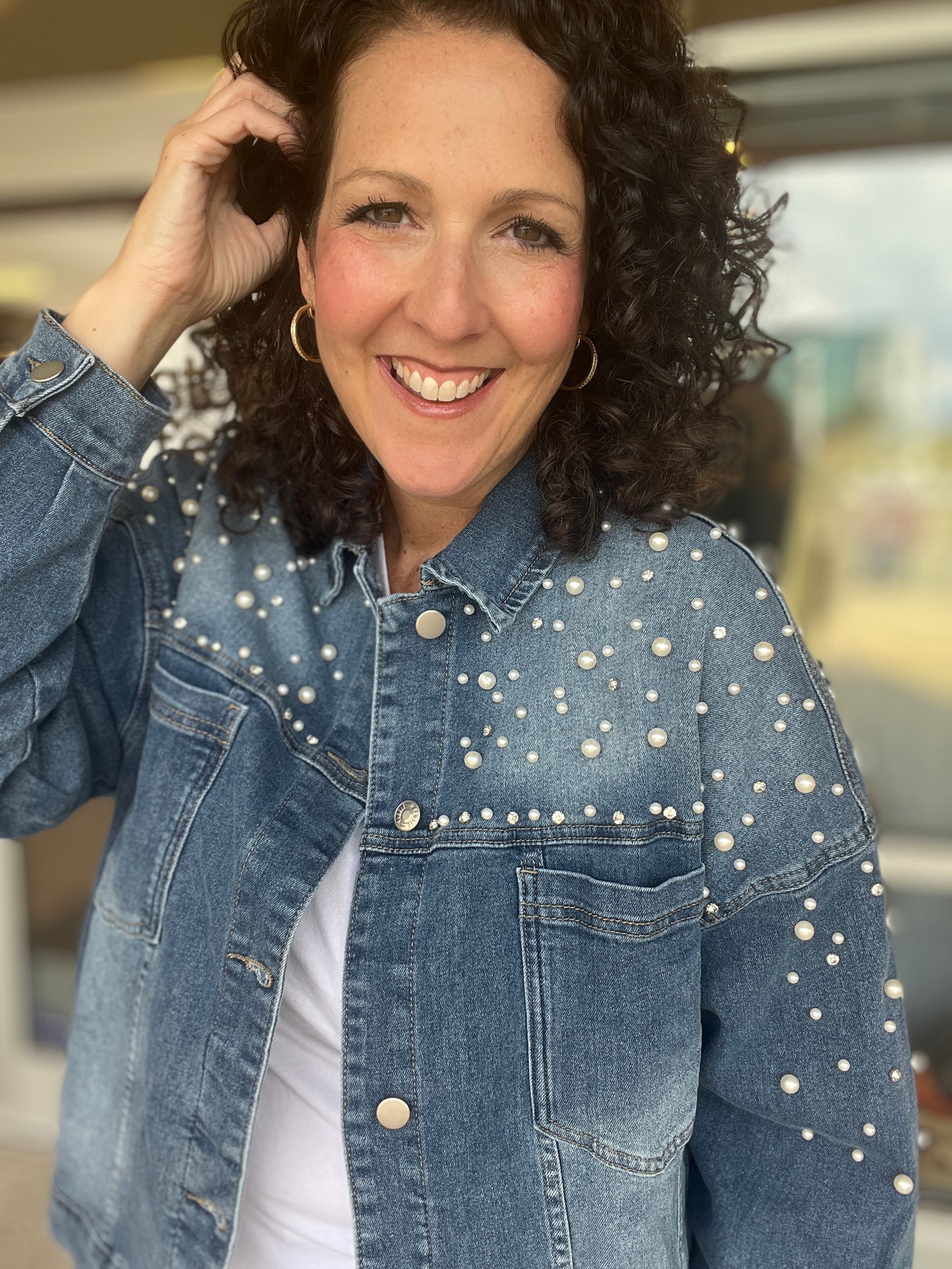Pearl & Rhinestone Oversized Denim Jacket