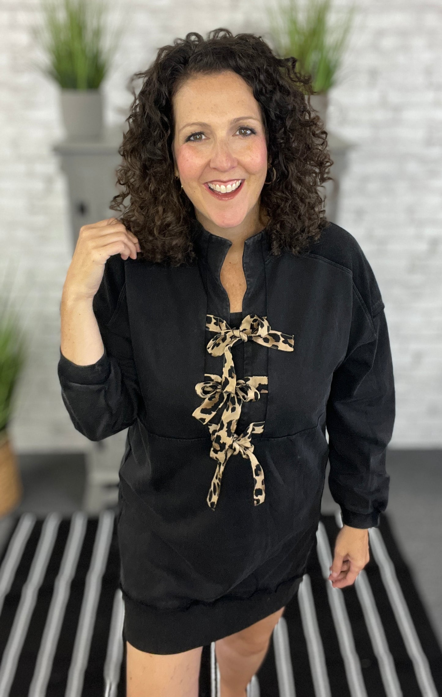 Washed Sweatshirt Dress with Leopard Tie