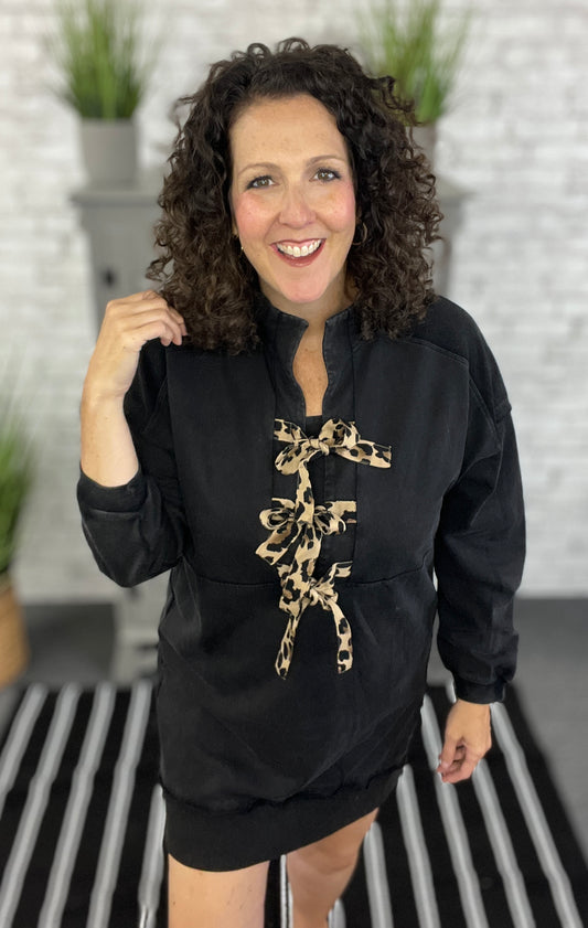 Washed Sweatshirt Dress with Leopard Tie
