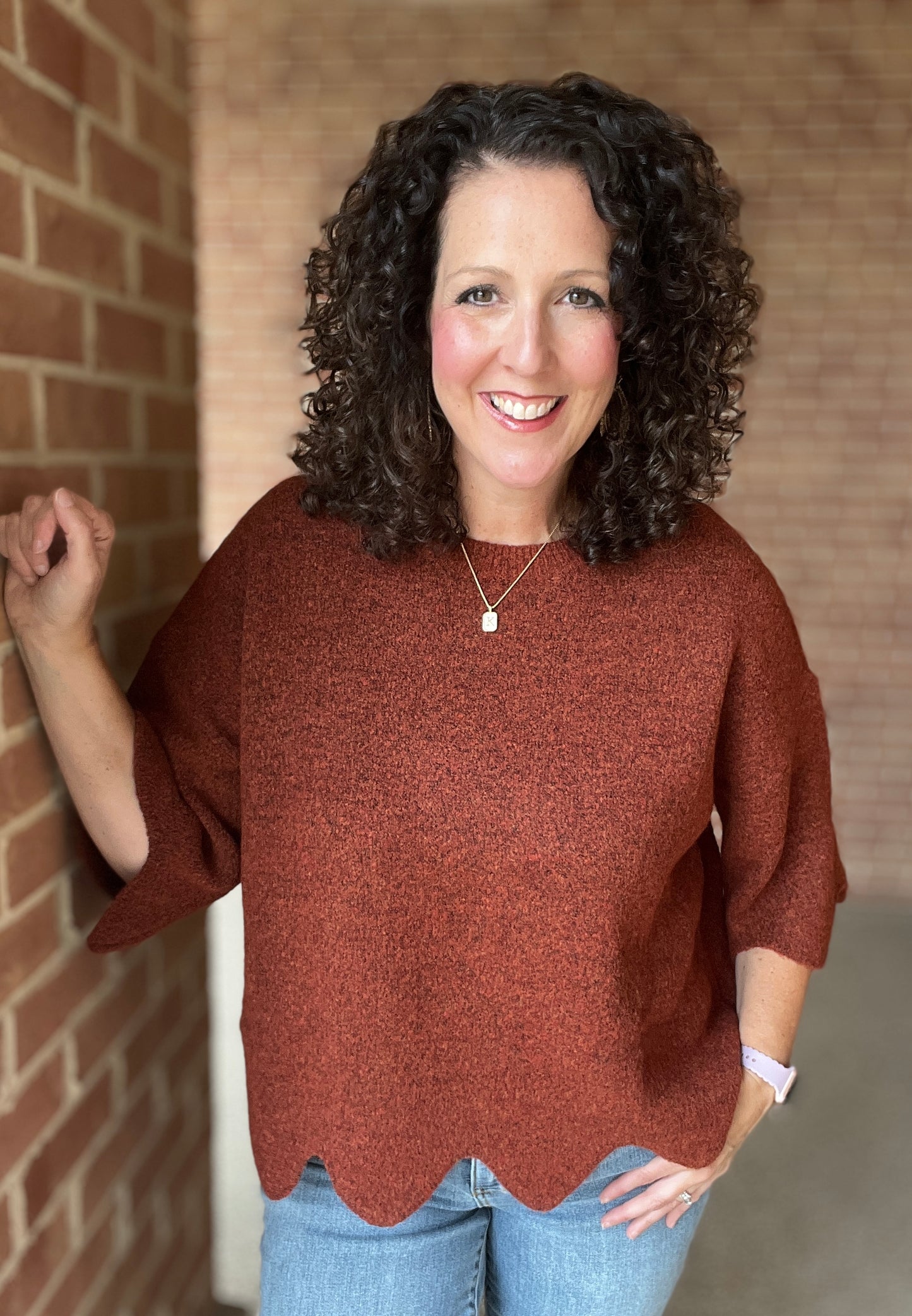 Scalloped Edge 3/4 Sleeve Sweater