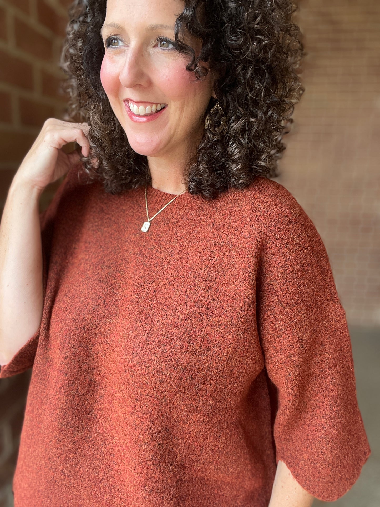 Scalloped Edge 3/4 Sleeve Sweater
