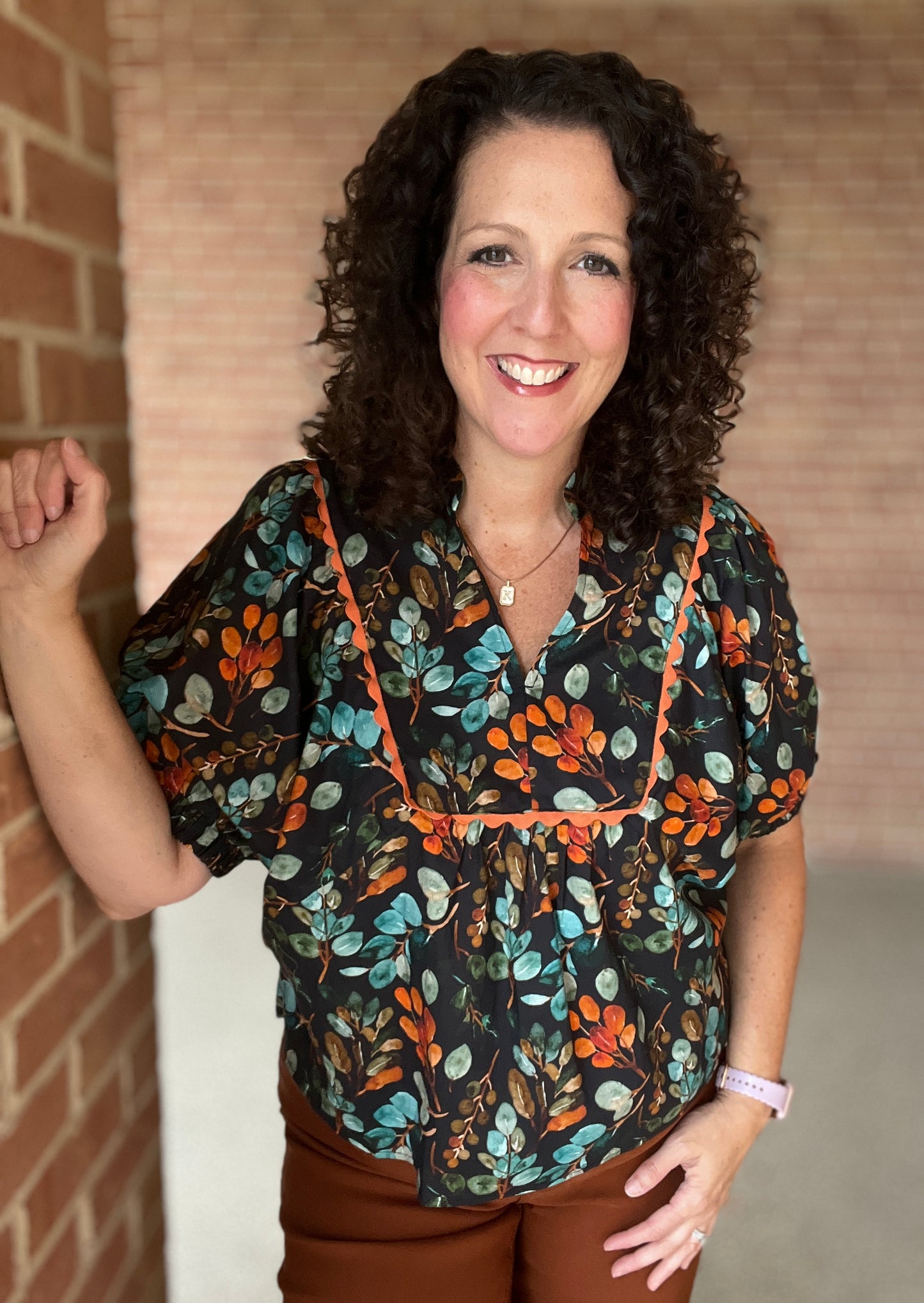 Autumn Print Dolman Sleeve Top with Ric Rac Trim