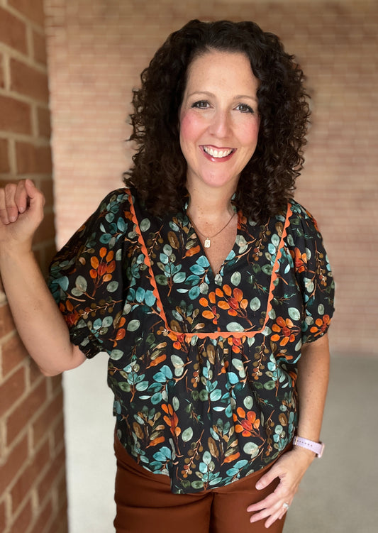 Autumn Print Dolman Sleeve Top with Ric Rac Trim