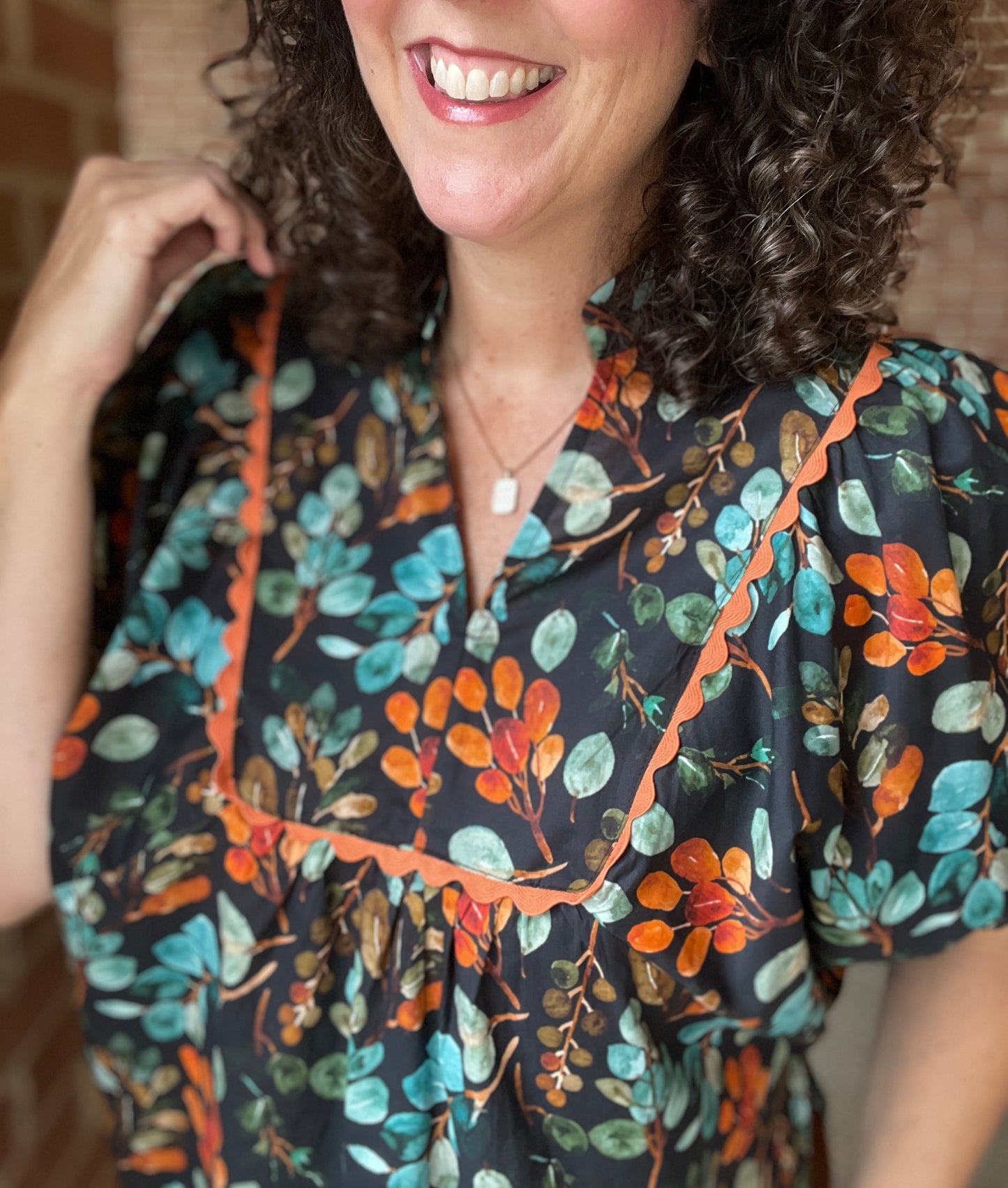 Autumn Print Dolman Sleeve Top with Ric Rac Trim