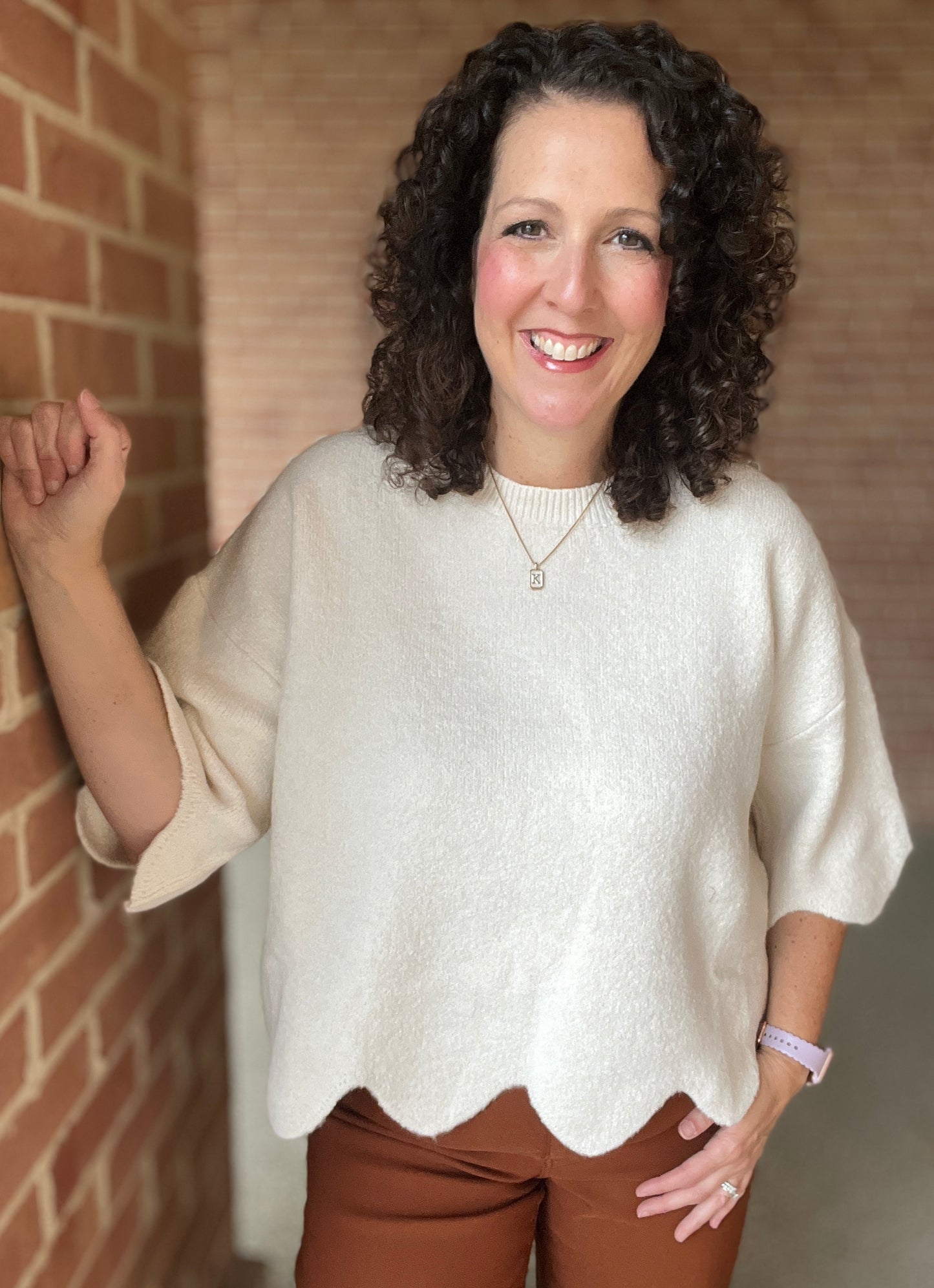 Scalloped Edge 3/4 Sleeve Sweater