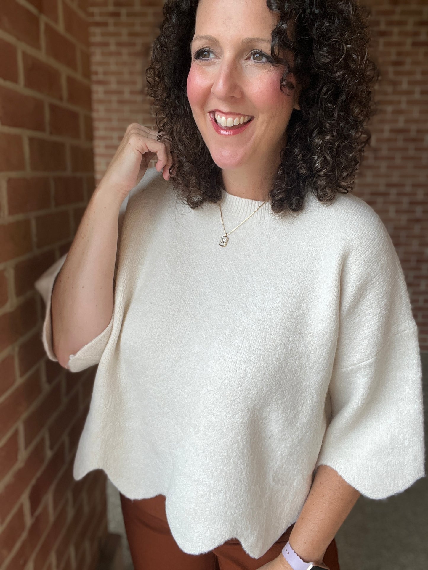 Scalloped Edge 3/4 Sleeve Sweater