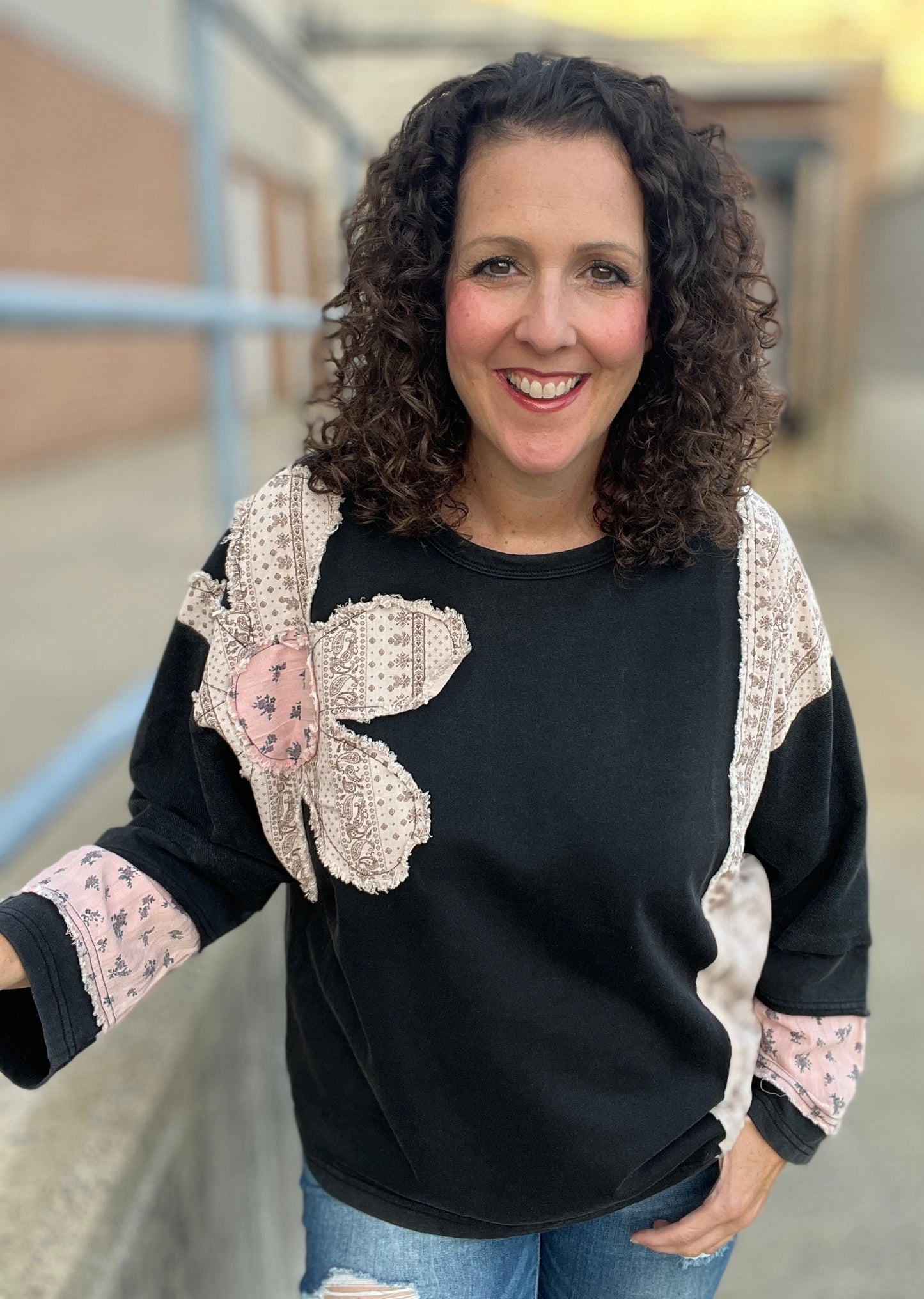 French Terry Flower Patchwork Pullover