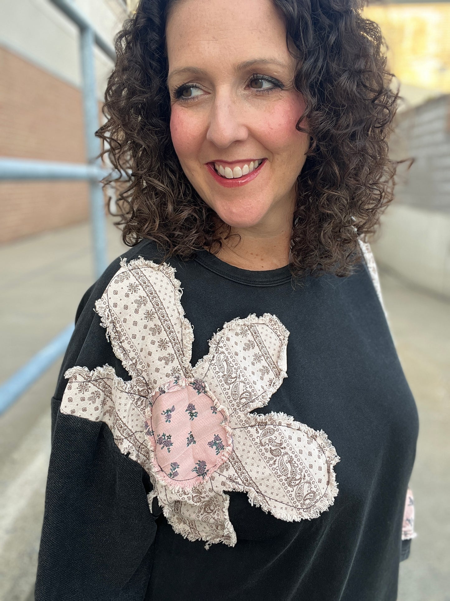 French Terry Flower Patchwork Pullover