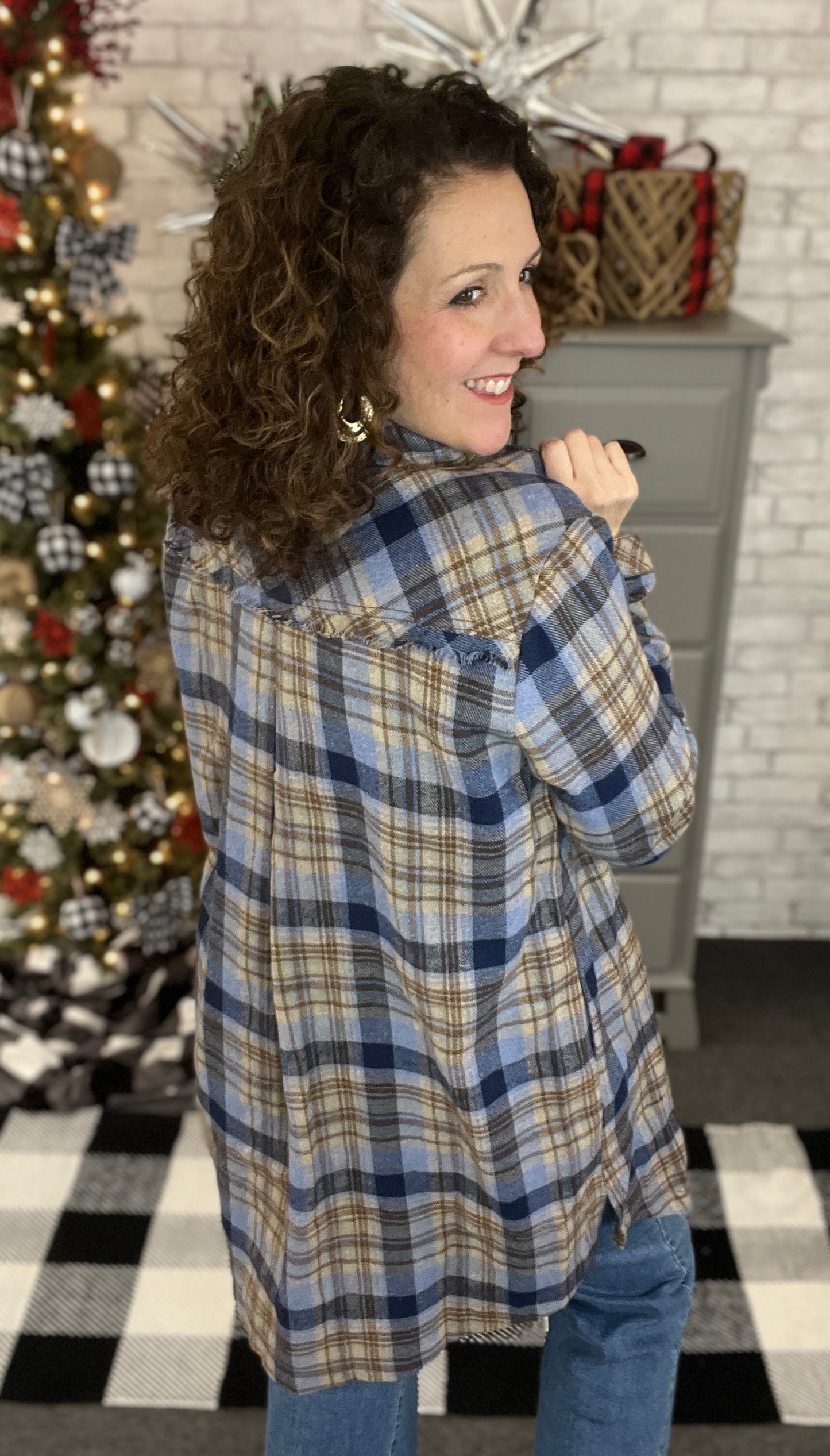 Plaid Shirt Dress with Animal Trim