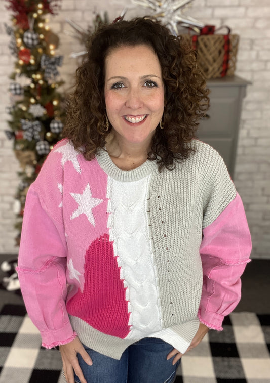 Pink Star Sweater with Denim Sleeves