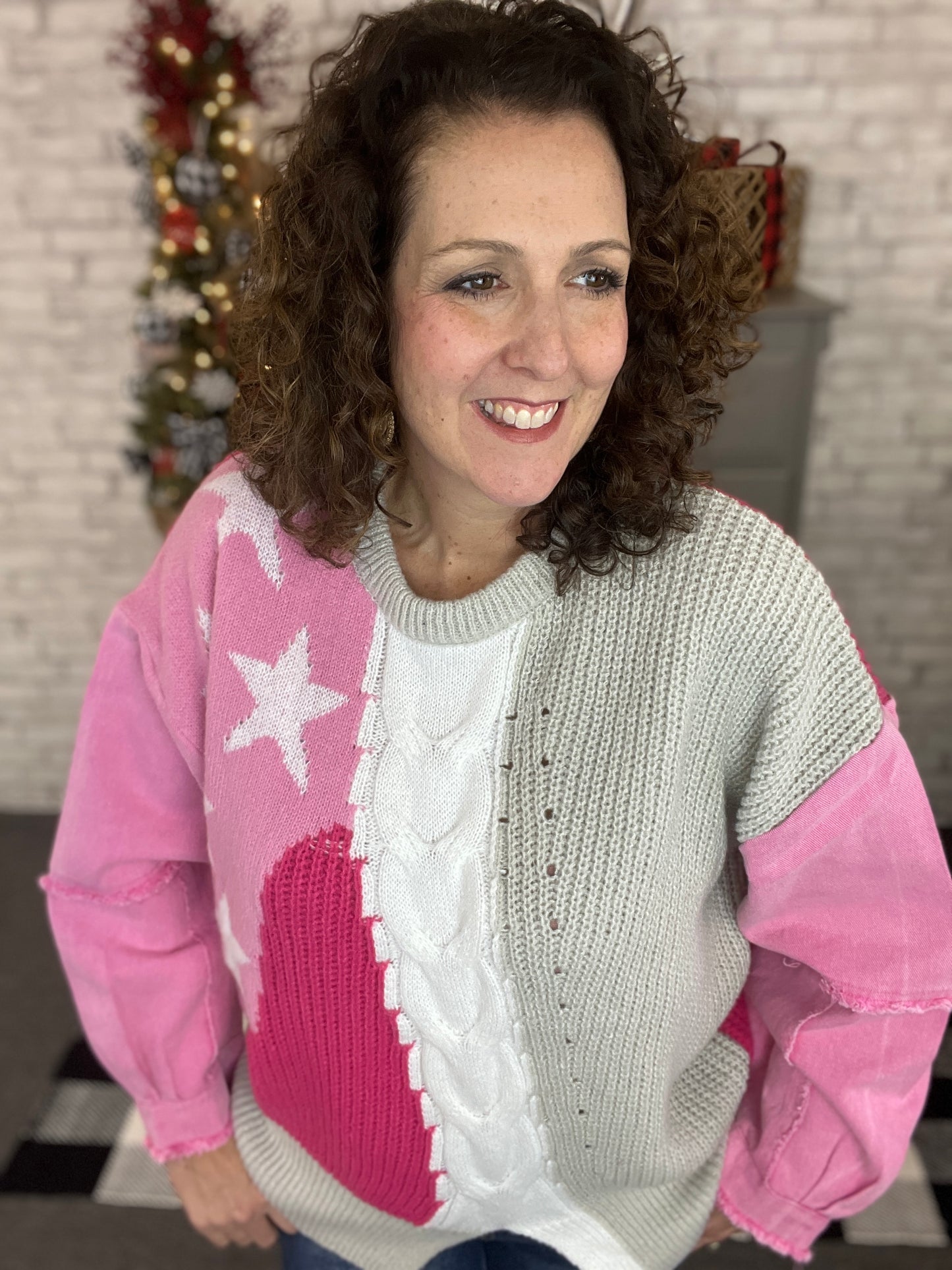 Pink Star Sweater with Denim Sleeves