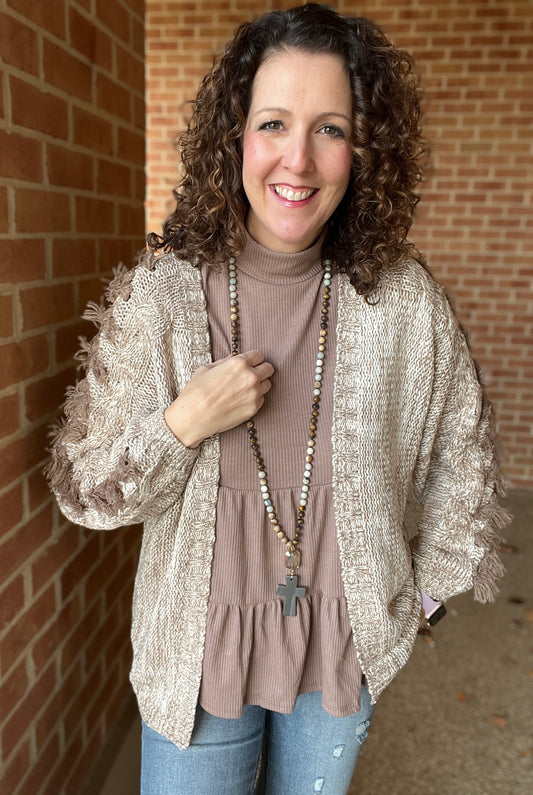 Oatmeal Cardigan with Fuzzy Sleeve Detail