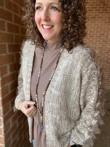 Oatmeal Cardigan with Fuzzy Sleeve Detail