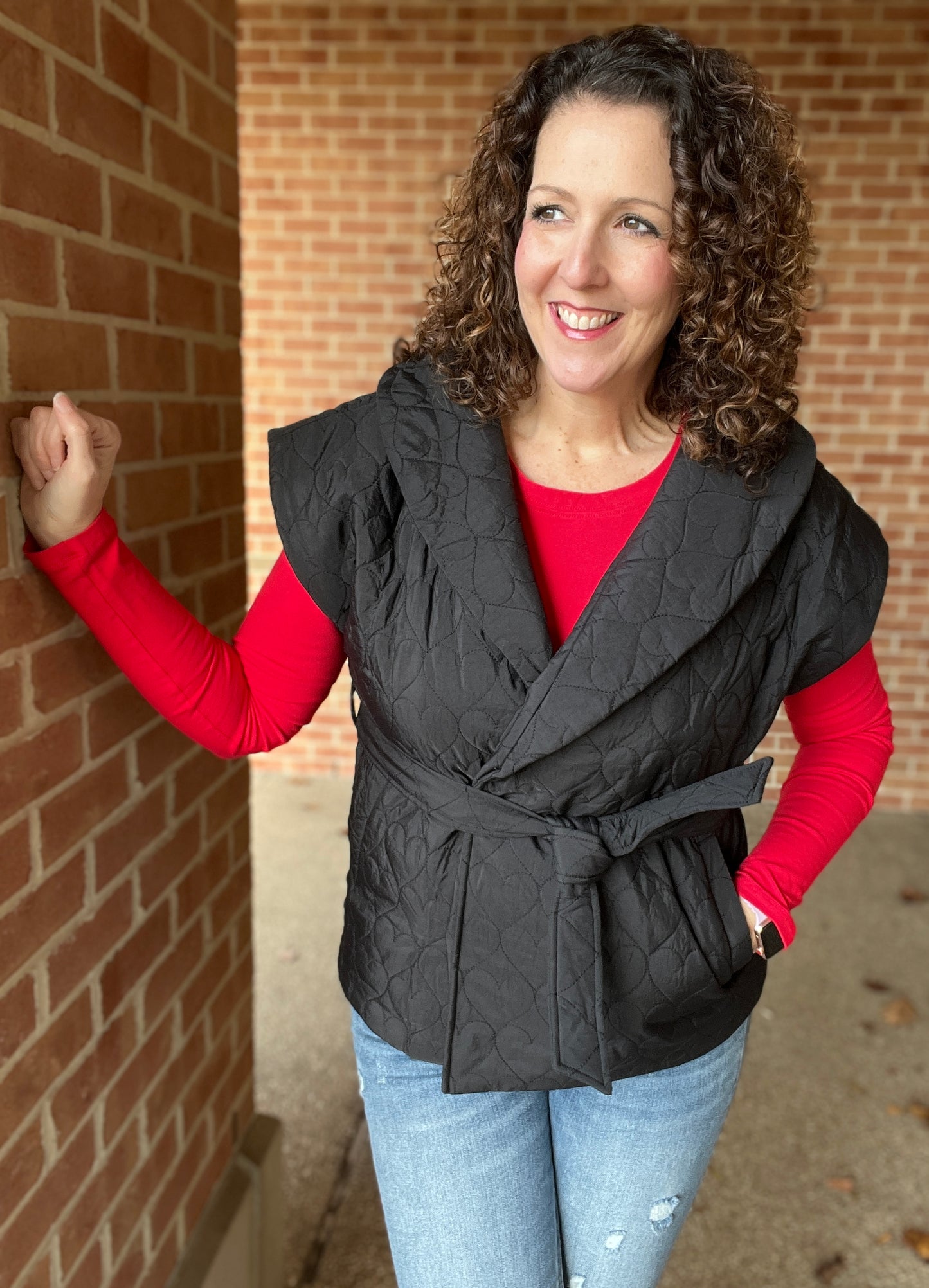 Wide Collar Quilted Vest with Belt