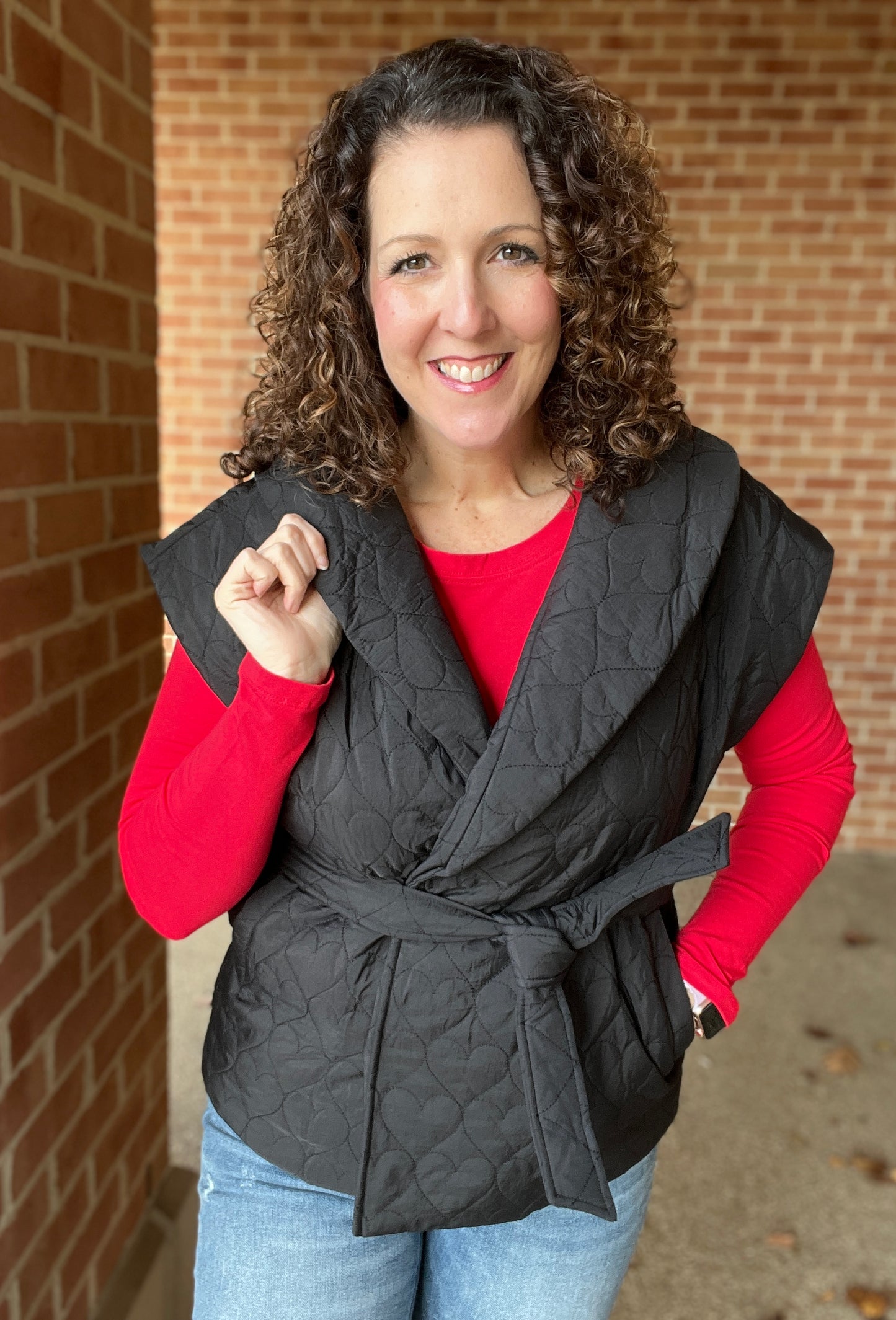 Wide Collar Quilted Vest with Belt