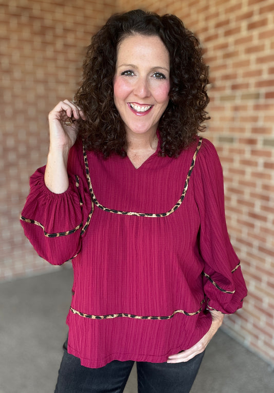 Textured Blouse with Leopard Trim