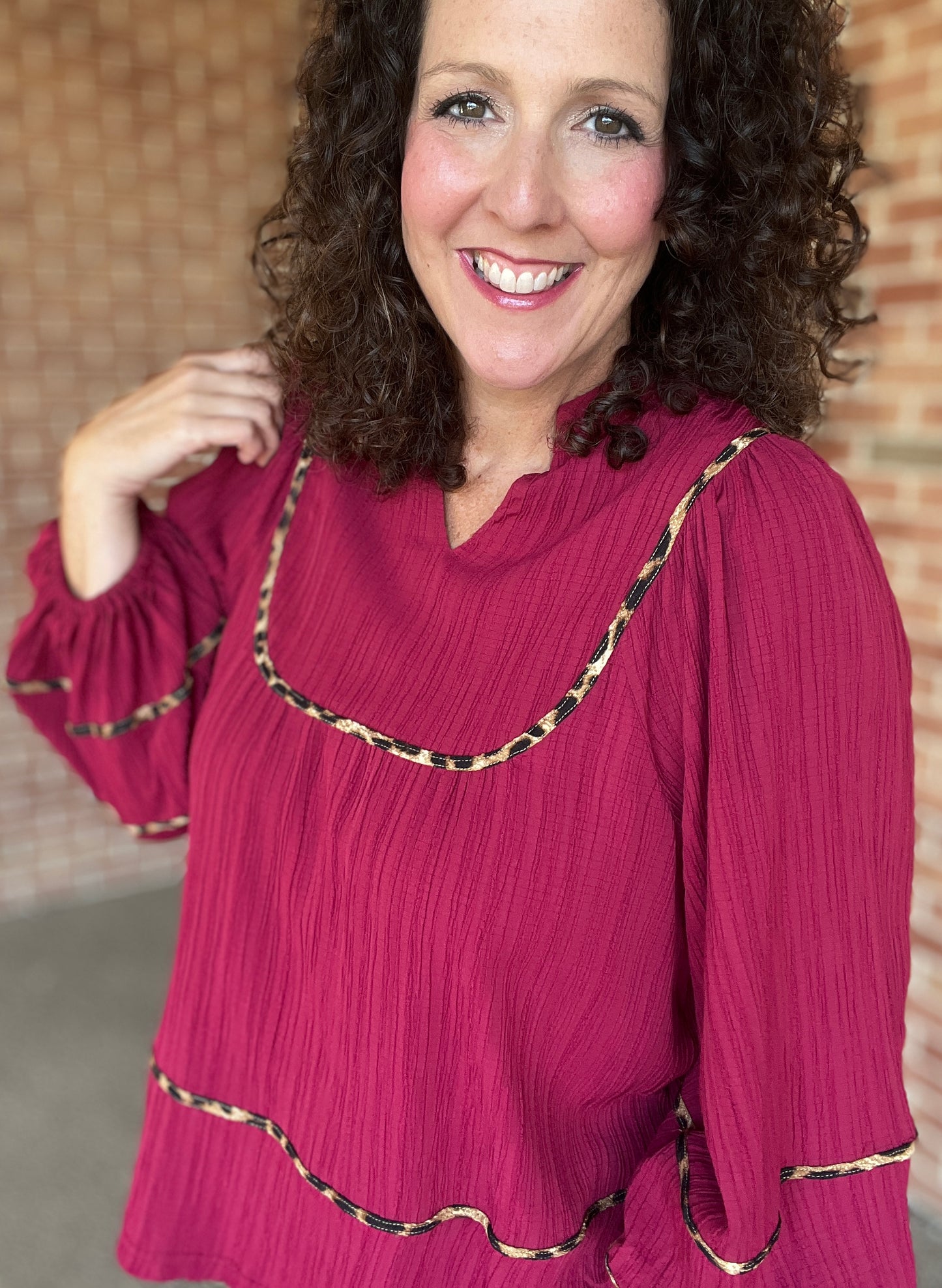 Textured Blouse with Leopard Trim