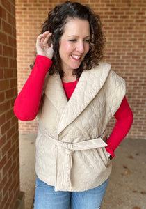 Wide Collar Quilted Vest with Belt