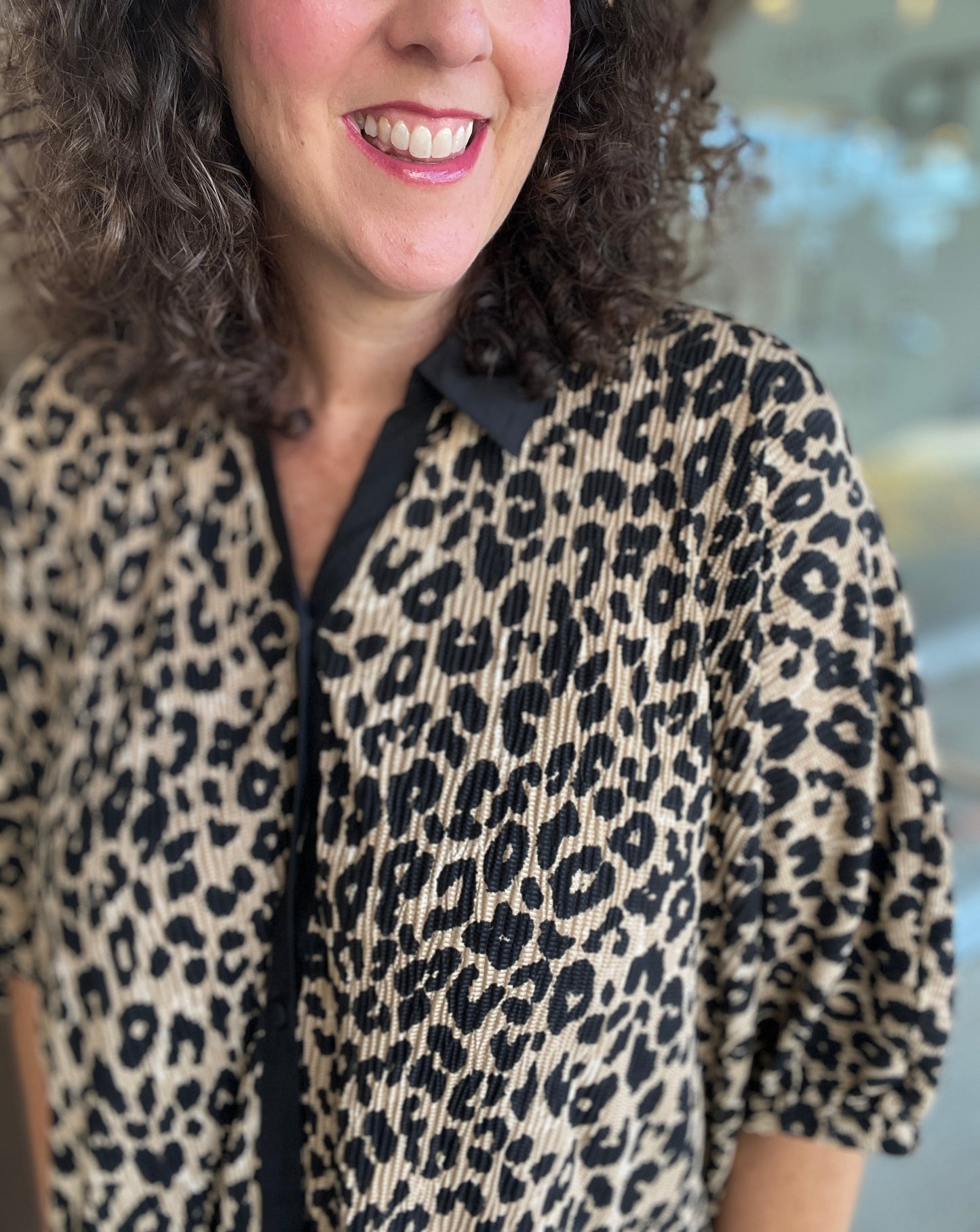 Textured Leopard Print Button Down Top
