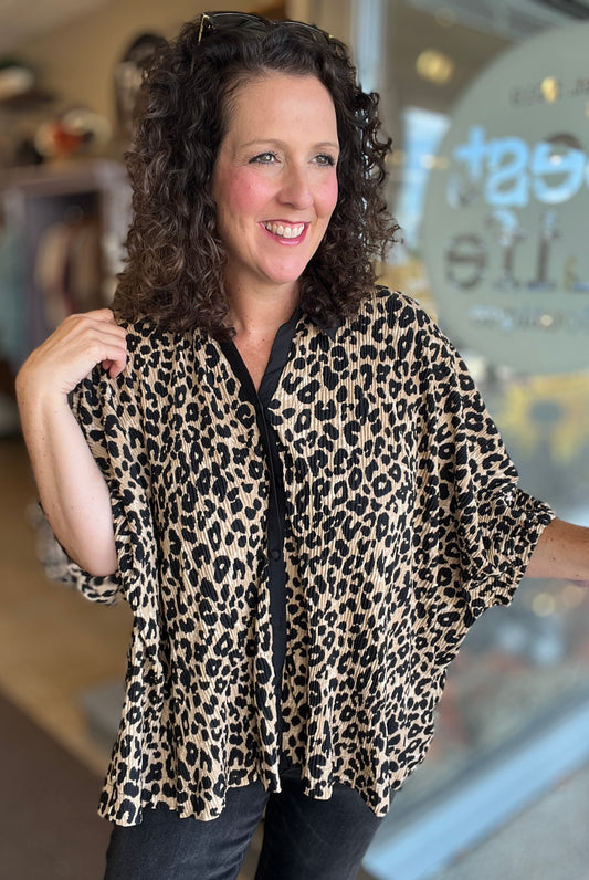 Textured Leopard Print Button Down Top