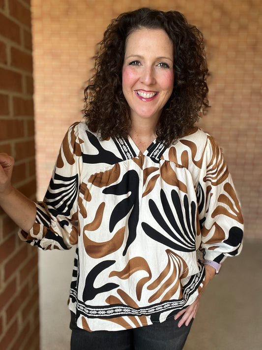 Neutral Abstract Print Top with Trim Detail