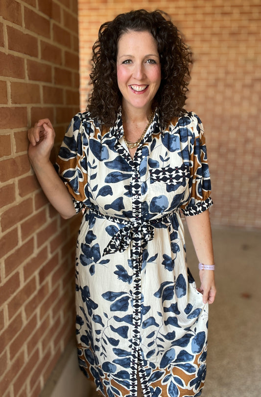 Mixed Print Midi Shirt Dress with Tie Belt