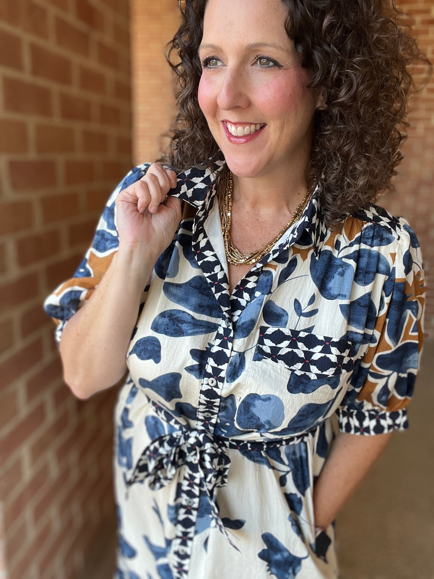 Mixed Print Midi Shirt Dress with Tie Belt