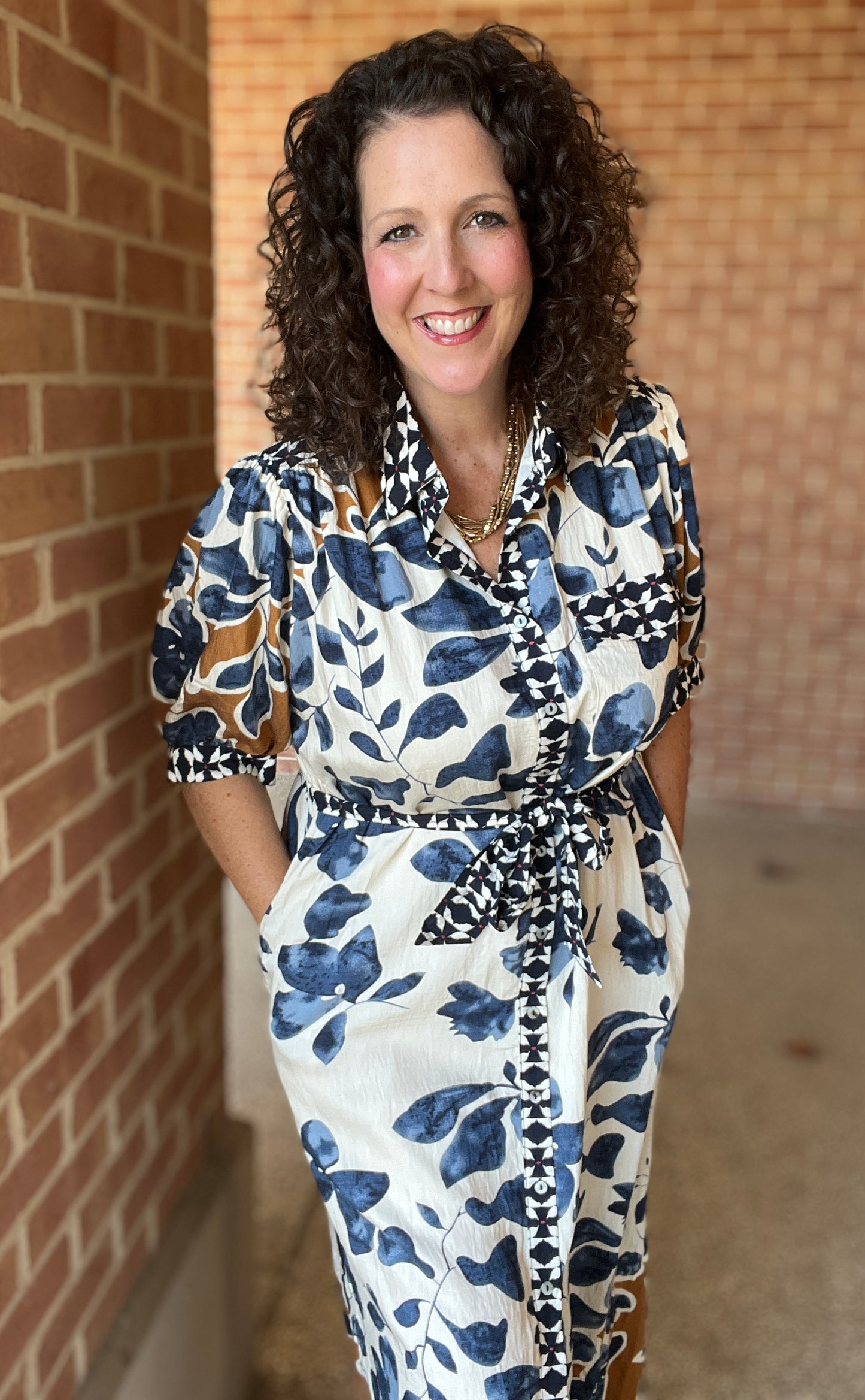 Mixed Print Midi Shirt Dress with Tie Belt