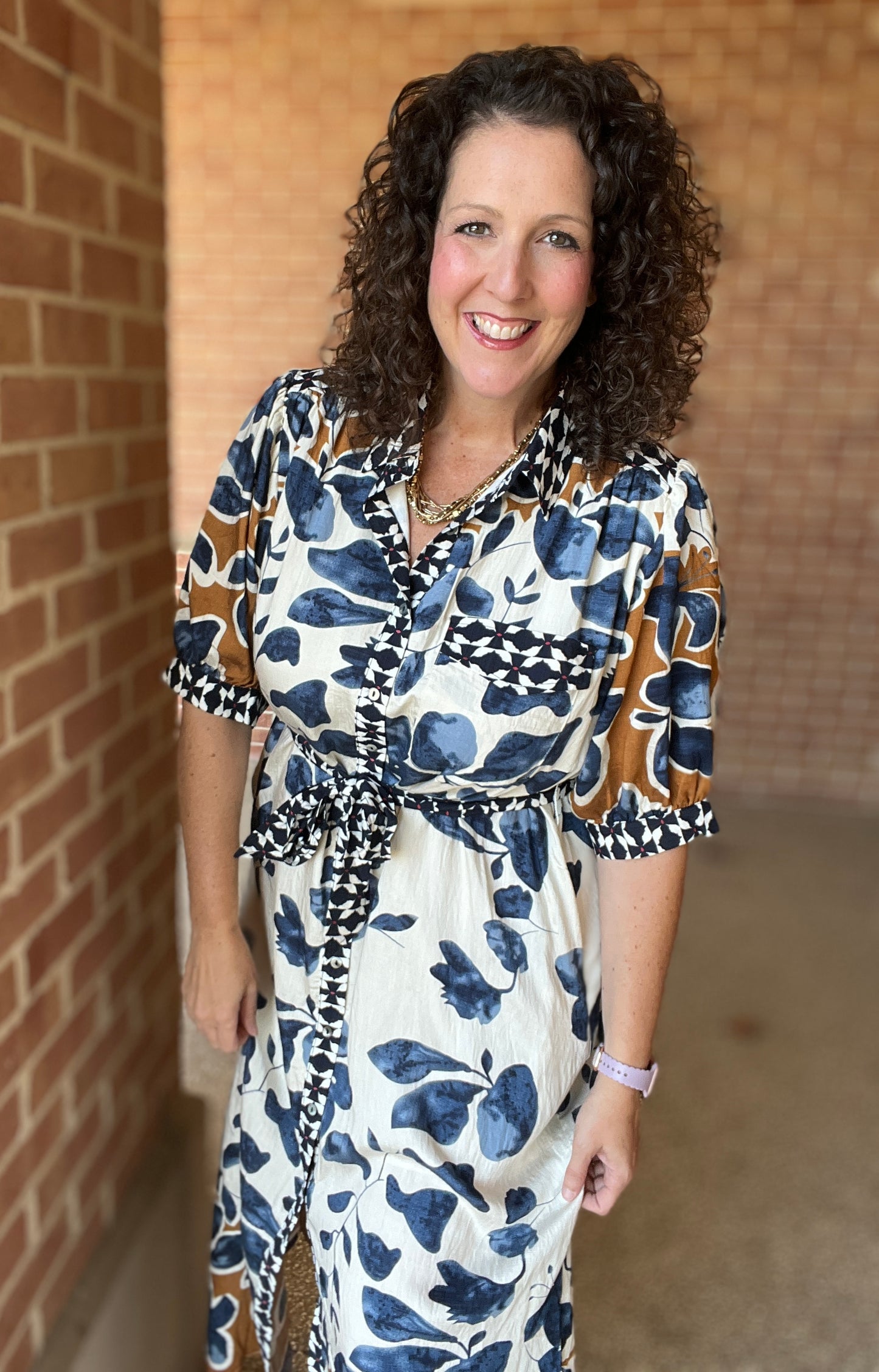 Mixed Print Midi Shirt Dress with Tie Belt