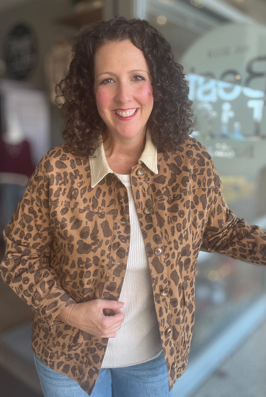 Camel Leopard Print Jacket with Corduroy Collar