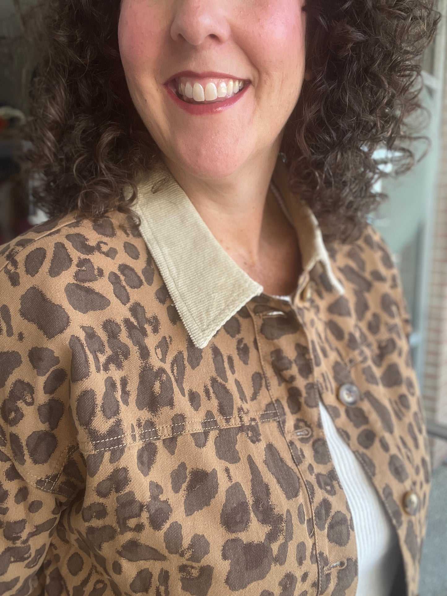 Camel Leopard Print Jacket with Corduroy Collar