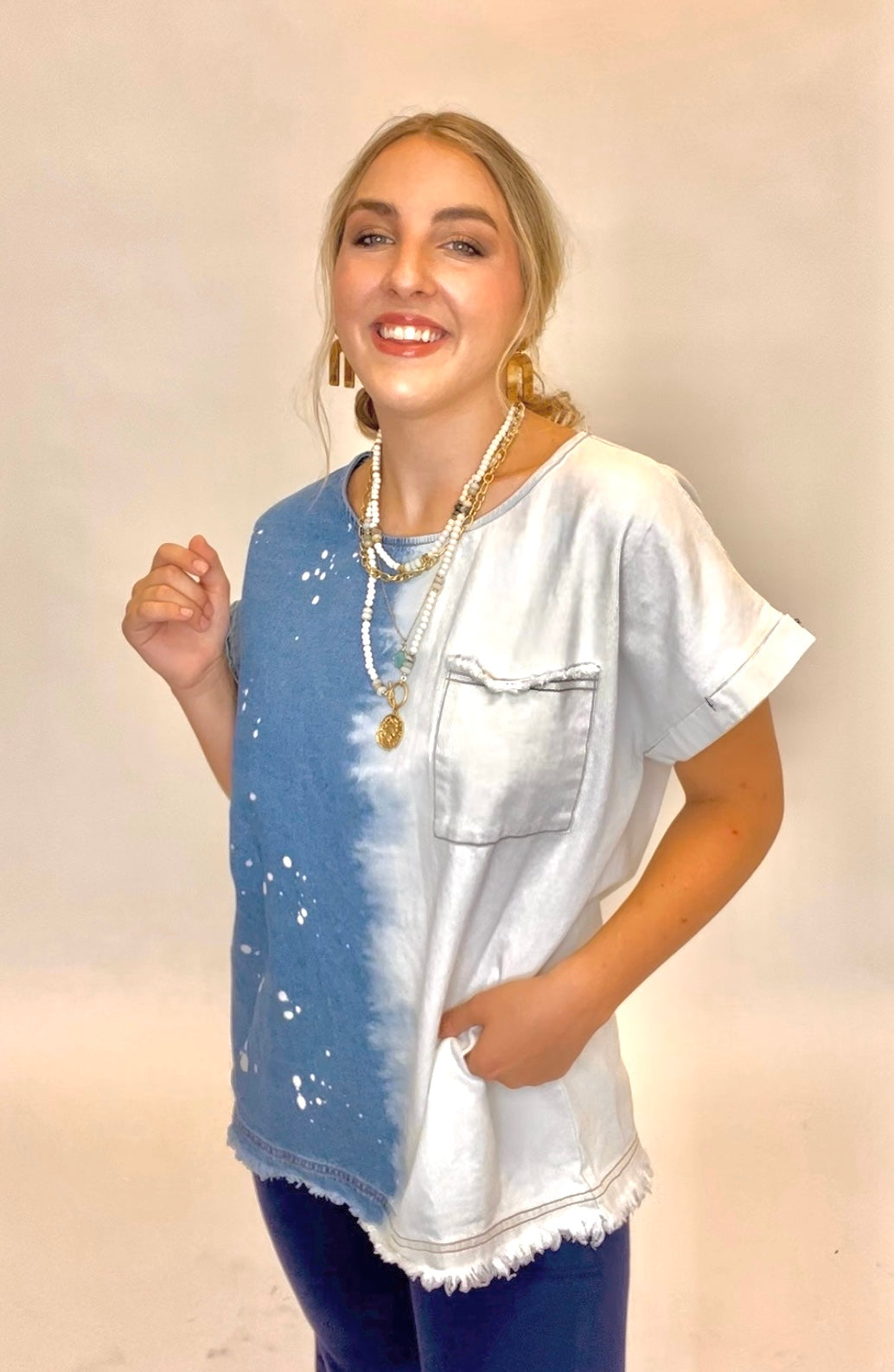 Split Bleach Dye Denim Shirt