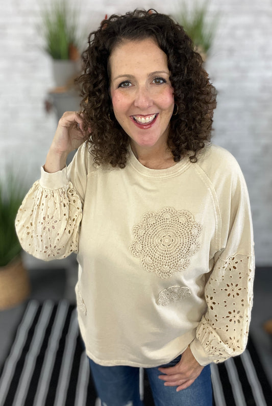 Eyelet Lace Sleeve Top with Flower Detail