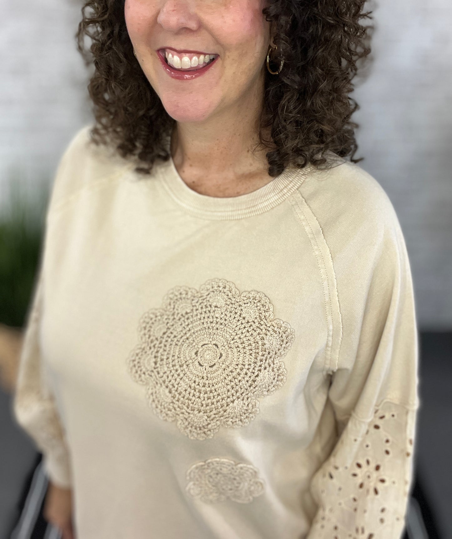 Eyelet Lace Sleeve Top with Flower Detail