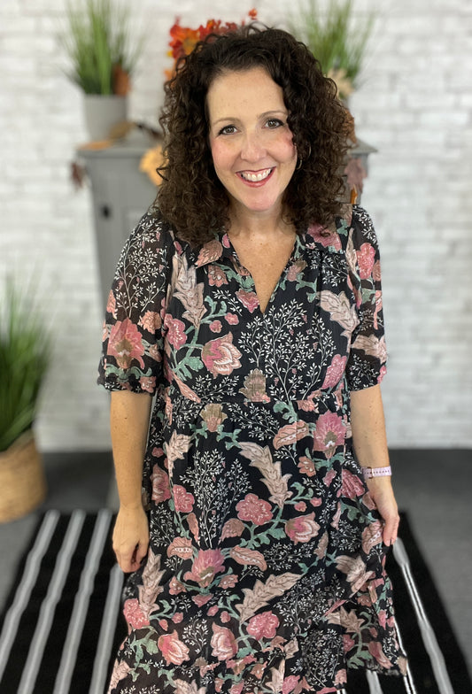 Black Floral Midi Dress