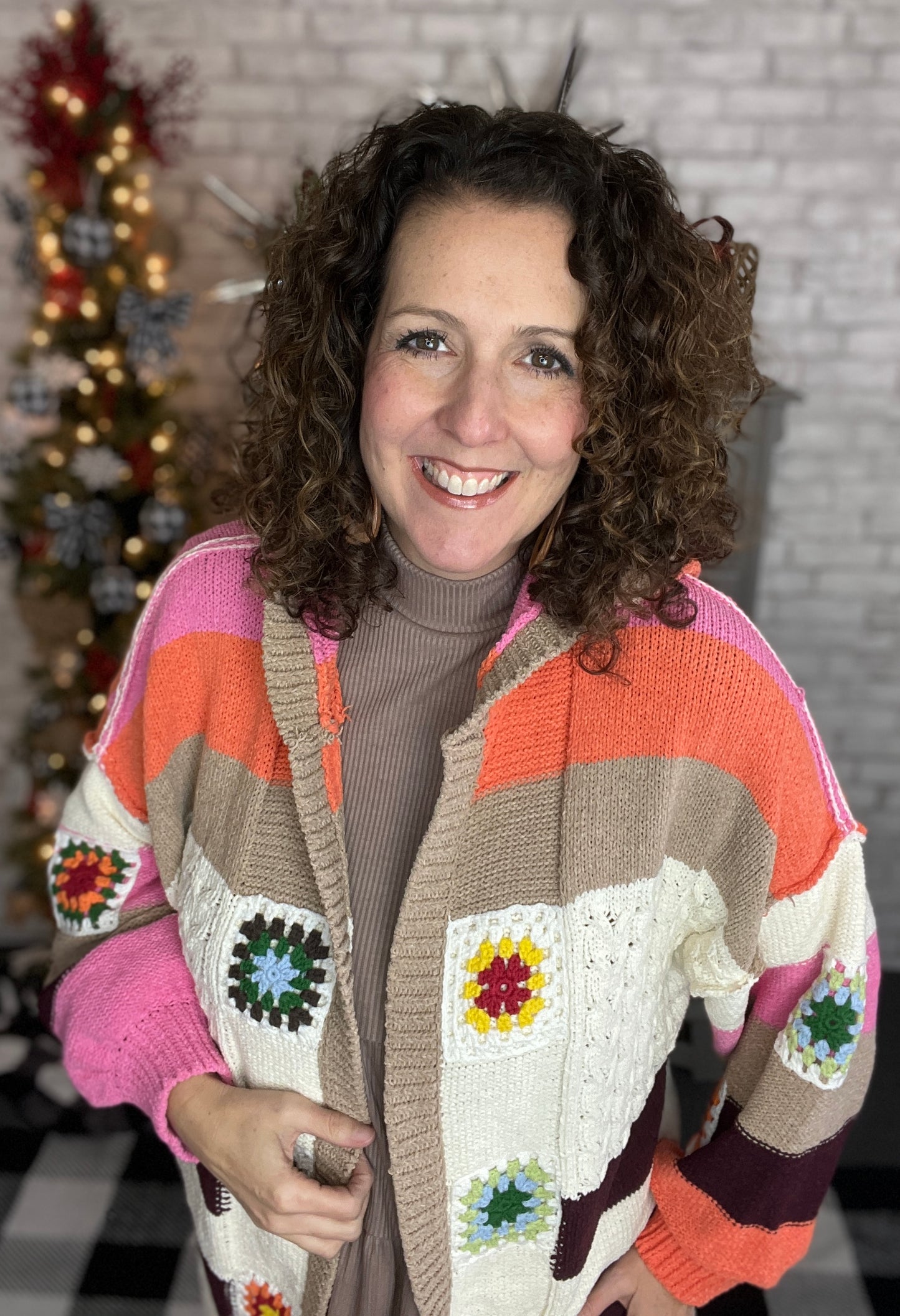 Chenille Granny Square Patch Hooded Sweater