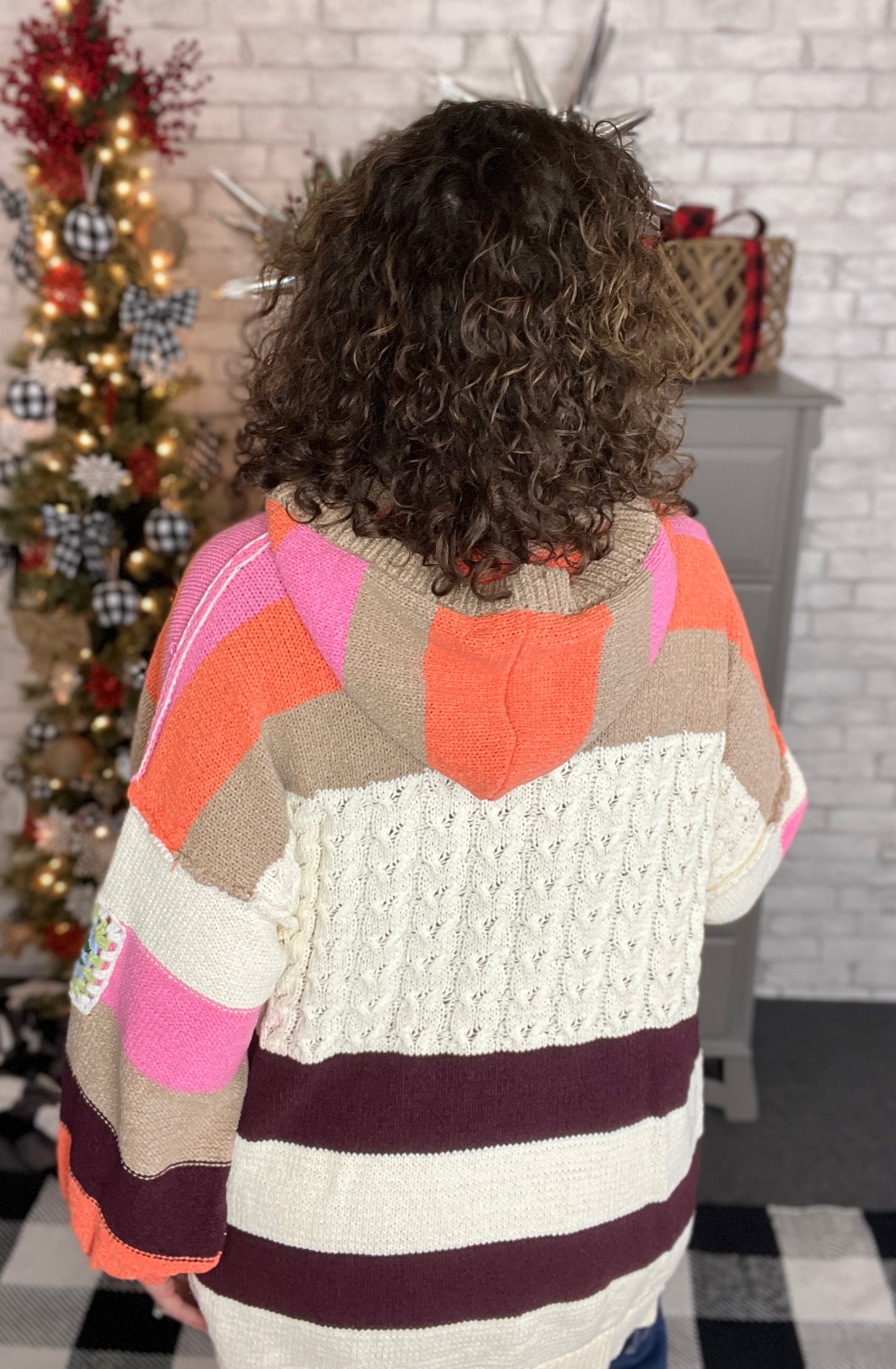 Chenille Granny Square Patch Hooded Sweater