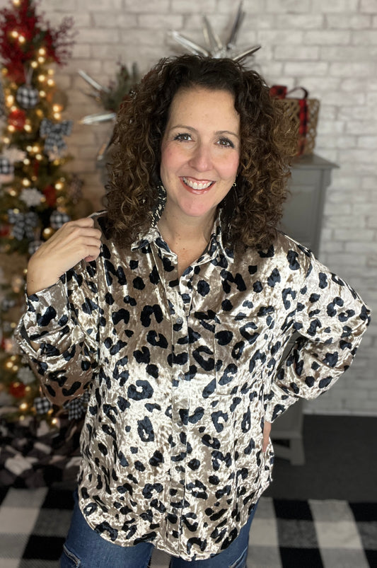 Leopard Velvet Button Down Blouse