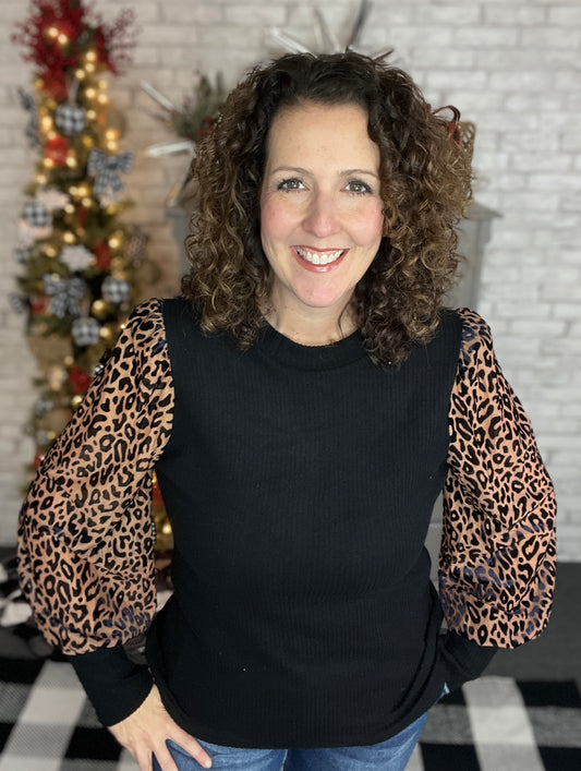 Leopard Balloon Sleeve Ribbed Top