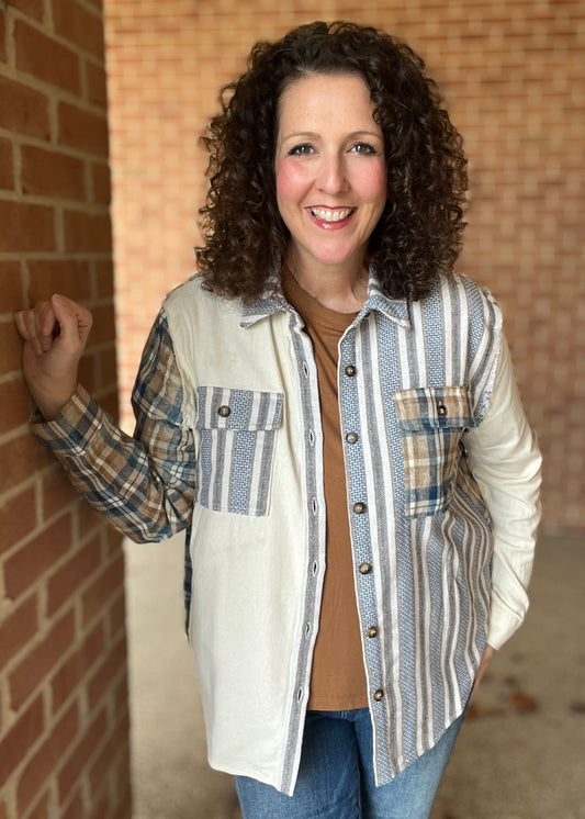 Mixed Plaid Button Down with Star Patches