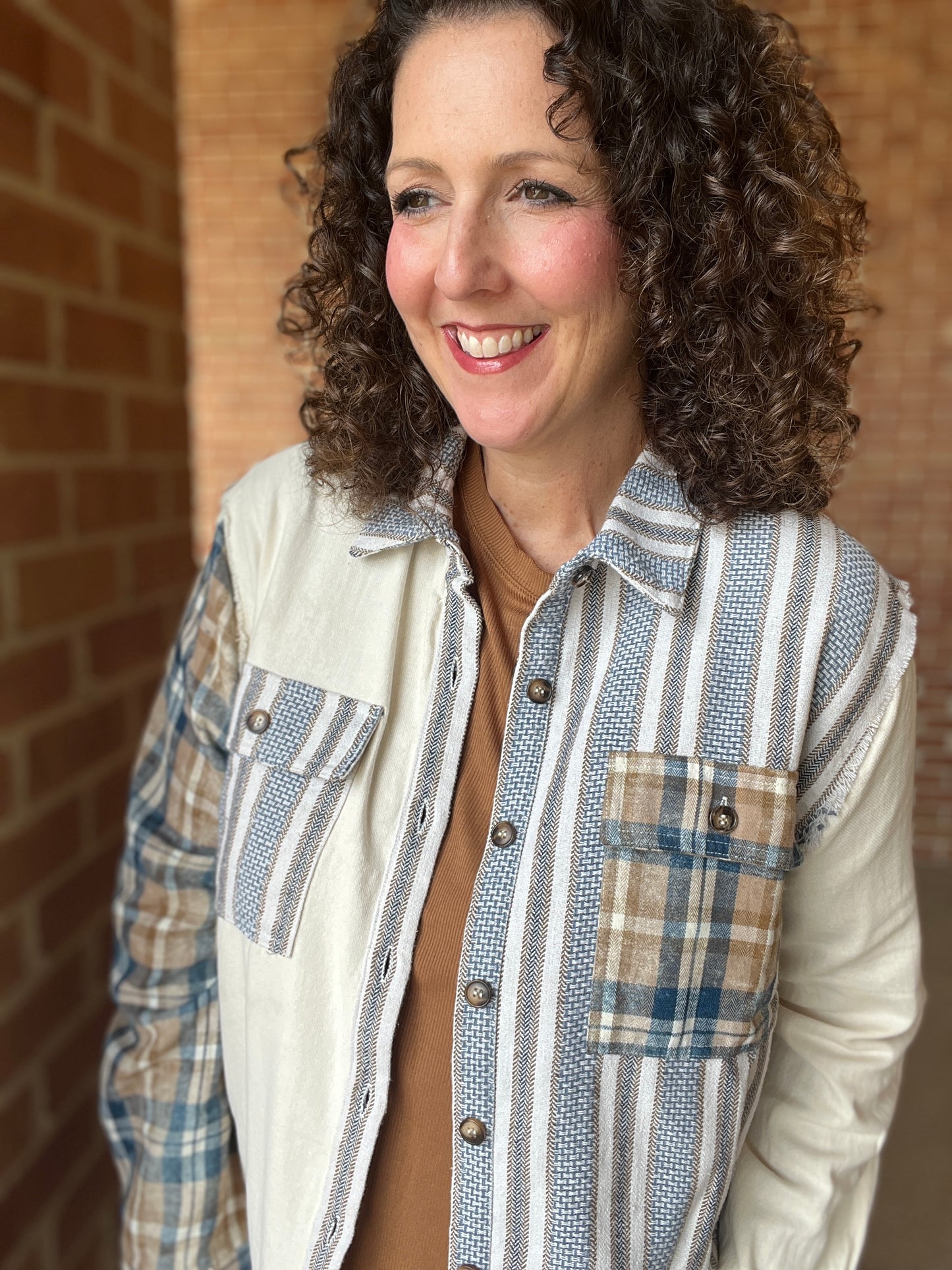 Mixed Plaid Button Down with Star Patches