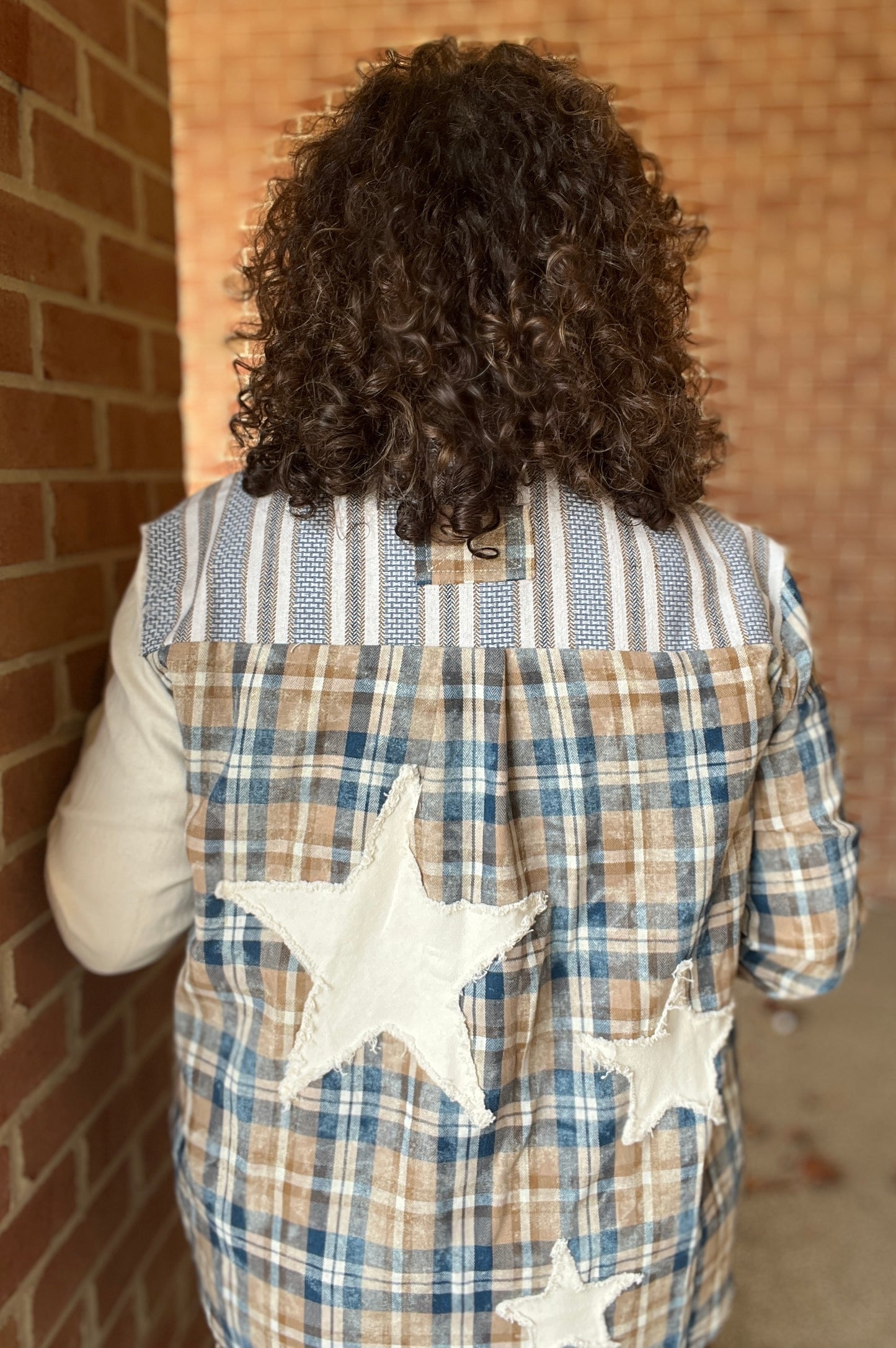 Mixed Plaid Button Down with Star Patches