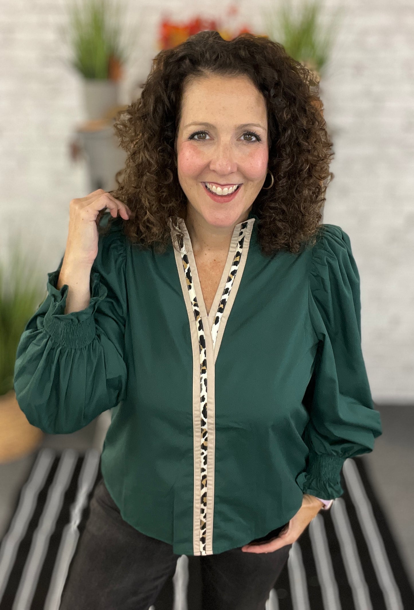 Smocked Cuff Blouse with Leopard Trim