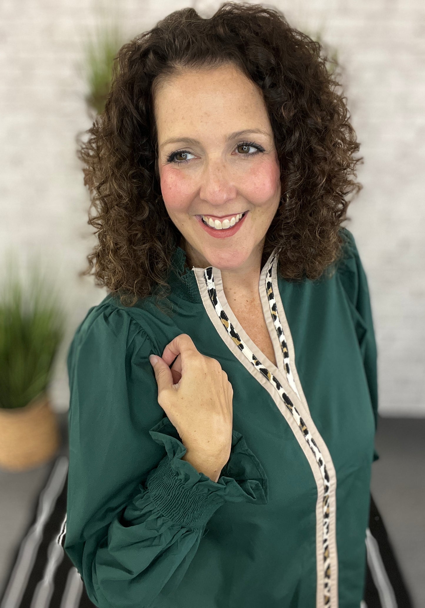 Smocked Cuff Blouse with Leopard Trim