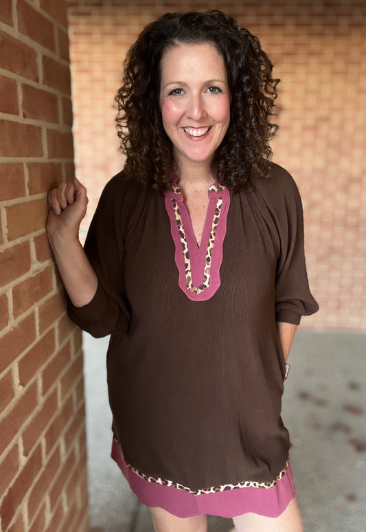 Corded Dress with Scalloped and Leopard Trim