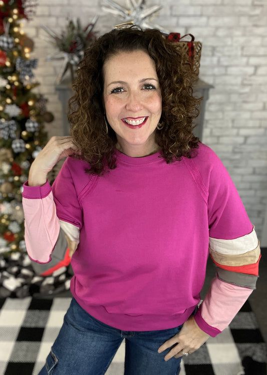 Colorful Stripe Sleeve Soft Terry Top
