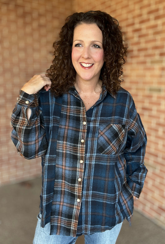 Navy Plaid Raw Edge Flannel Shirt