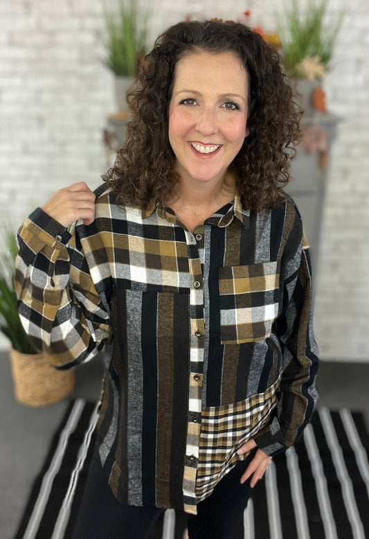 Mixed Brown & Black Plaid Flannel Shirt