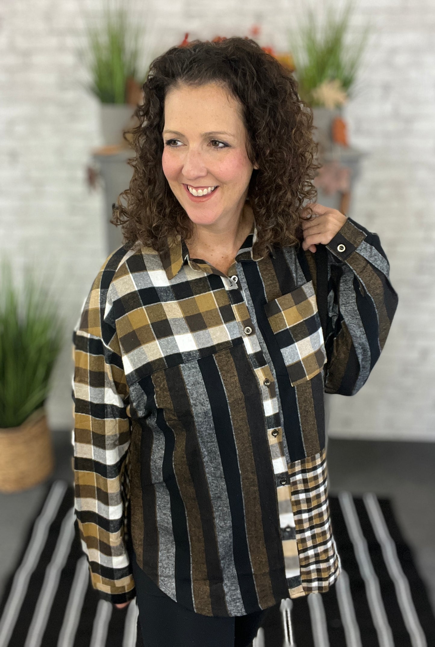Mixed Brown & Black Plaid Flannel Shirt